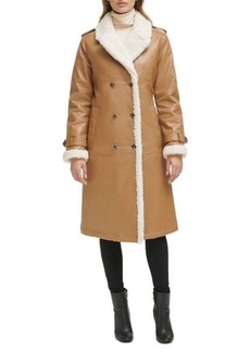 Kenneth Cole Faux Shearling Trim Double Breasted Coat