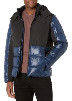 KENNETH COLE Men's Color Block Puffer Zip Off Hood Mixed Media Jacket REFLECTIVE NIGHT SKY MEDIUM