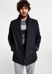 Kenneth Cole Men's Double Breasted Wool Blend Peacoat with Bib - Blue