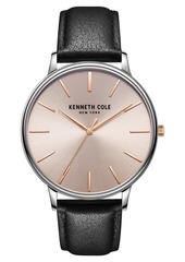 Kenneth Cole New York Men's 3 Hands Slim Silver-tone Stainless Steel Watch on Black Genuine Leather Strap, 42mm