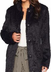 Kenneth Cole New York Women's mid length snap faux fur coat with texture Outerwear -black XS