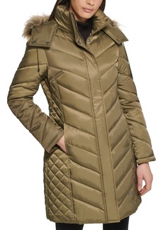 Kenneth Cole Petite Faux-Fur-Trim Hooded Puffer Coat - Olive