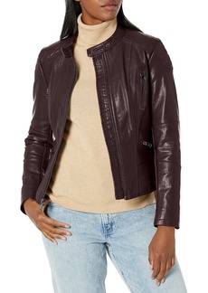 KENNETH COLE Women's Classic Short Moto Faux Leather Jacket RUMRAISIN