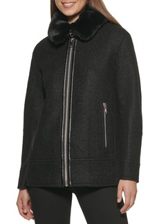 Kenneth Cole Women's Faux-Fur-Collar Moto Coat - Black