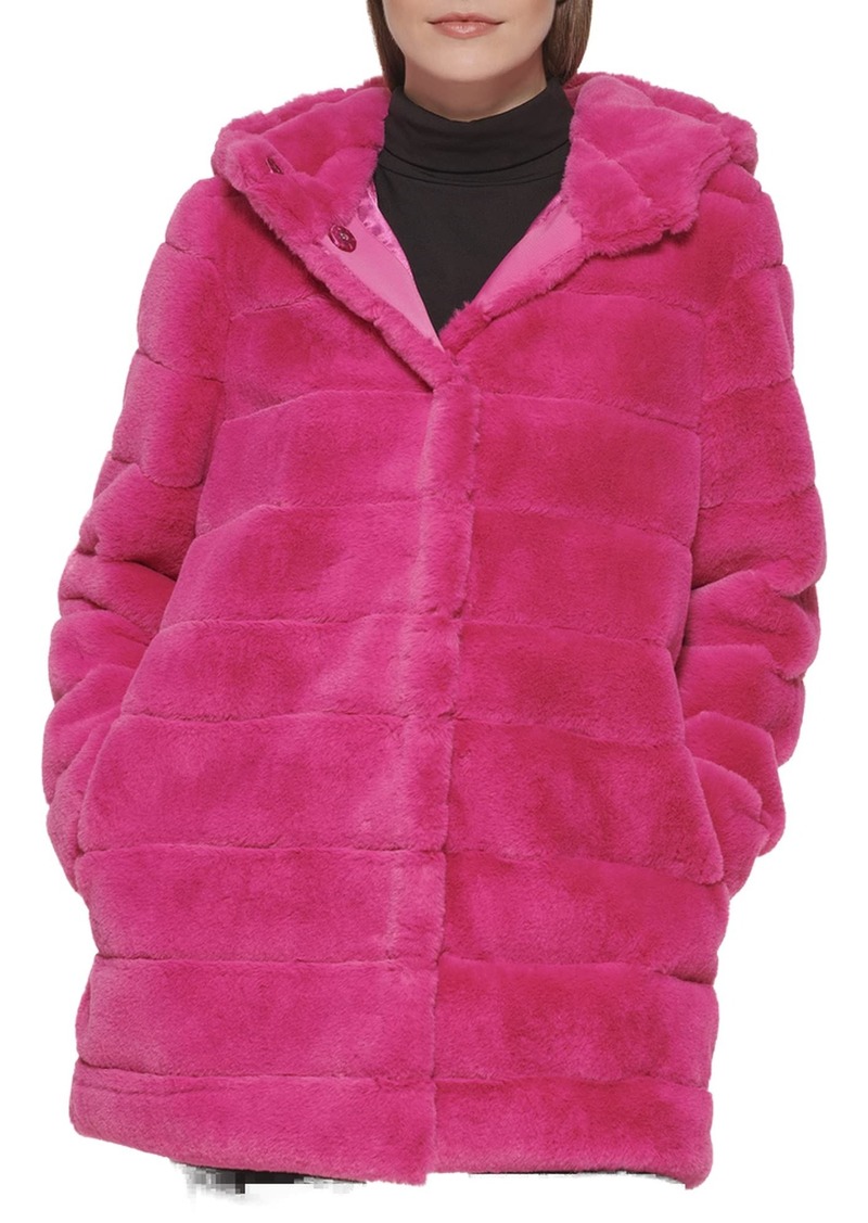 KENNETH COLE Women's Classic Style Faux Fur Coat Hooded Mink HOT Pink