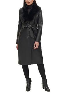 Kenneth Cole Women's Faux-Fur-Trim Faux-Leather Coat - Black