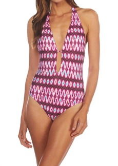 Kenneth Cole V-Plunge Halter One Piece Swimsuit In Berry
