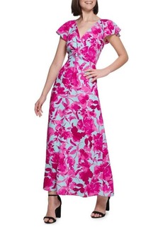 Kensie Floral Flutter Sleeve Maxi Dress