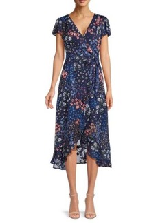 Kensie Floral Print Belted Tulip Hem Dress