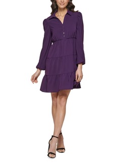 kensie Collared Tiered Shift Dress - Eggplant