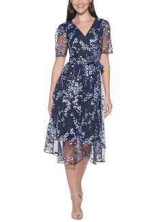 kensie Faux-Wrap Embroidery Midi Dress - Navy Multi