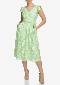 Kensie Floral Embroidered Fit & Flare Midi Dress in Lily Green at Nordstrom Rack