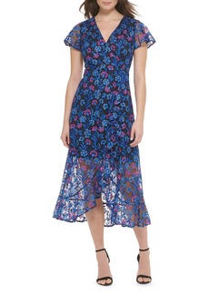 Kensie Floral Embroidered Flutter Sleeve Midi Dress in Navy/Fucshia at Nordstrom Rack