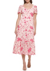 Kensie Floral Embroidered Puff Sleeve Chiffon Midi Dress in Blush/Rasberry at Nordstrom Rack