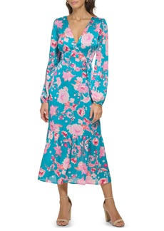 Kensie Floral Long Sleeve Lace-Up Satin Maxi Dress in Teal Multi at Nordstrom Rack