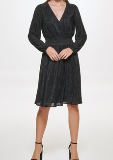 Kensie Pleated V-Neck Long Sleeve A-Line Dress in Black at Nordstrom Rack