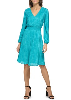 Kensie Pleated V-Neck Long Sleeve A-Line Dress in Lagoon at Nordstrom Rack