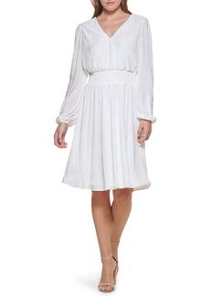 Kensie Pleated V-Neck Long Sleeve A-Line Dress in Ivory at Nordstrom Rack
