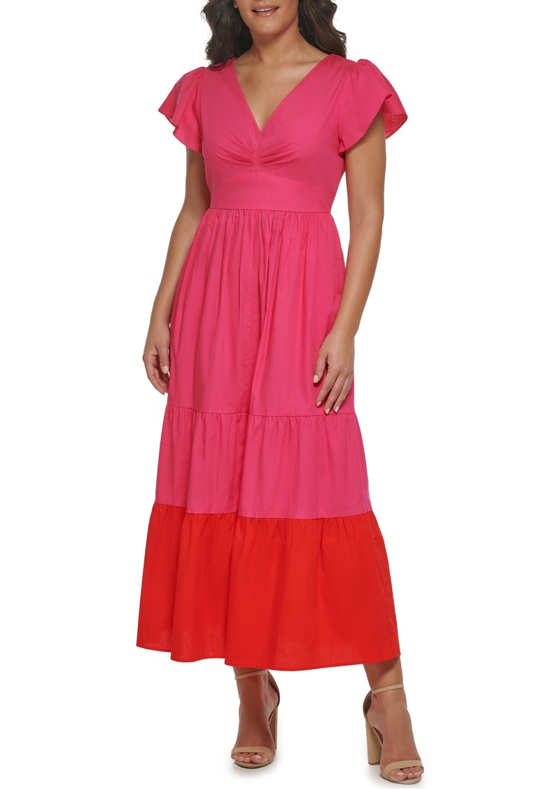 Kensie Ruffle Sleeve Colorblock Cotton Maxi Dress in Pink Multi at Nordstrom Rack