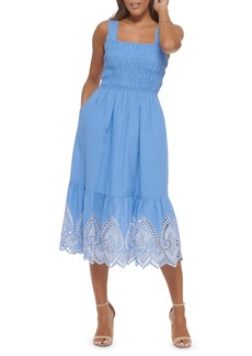 Kensie Smocked Cotton Voile Midi Dress in Chambray Blue at Nordstrom Rack