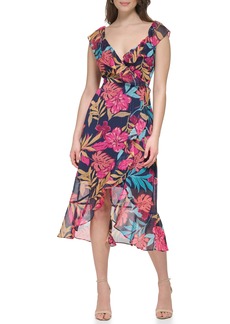 Kensie Tropical Floral Chiffon Faux Wrap Dress in Navy Multi at Nordstrom Rack