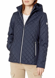 kensie Women's Active Quilted Jacket with Ponty Detail and Fully Removable Hood  M