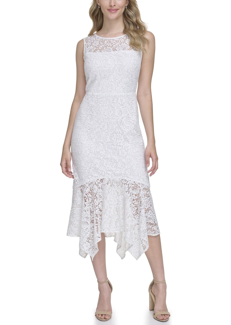 Kensie Women's Aysmetric Corded Floral Lace Midi Dress Ivory/Silver