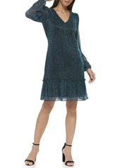KENSIE Women's Babydoll Lurex Crinkle Mesh Long Sleeve Dress