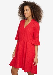 kensie Women's Cotton Eyelet Bell-Sleeve High-Low Dress - Poppy