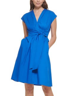 kensie Women's Cotton V-Neck A-Line Tie-Waist Dress - Blue