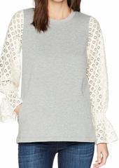 kensie Women's Cozy Fleece Sweatshirt with Lace Sleeve heathery Grey Combo S