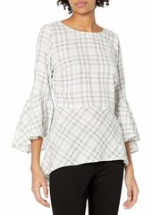 kensie Women's Double Layer Plaid Top with Bell Sleeve  XL