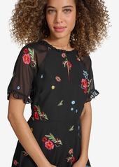 kensie Women's Embroidered Chiffon Back-Cutout Dress - Black Multi