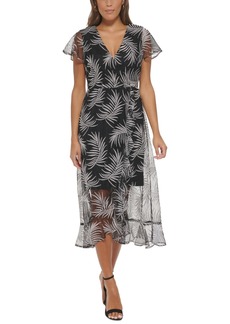 kensie Women's Embroidered-Palm V-Neck Mesh Midi Dress - Blk/wht