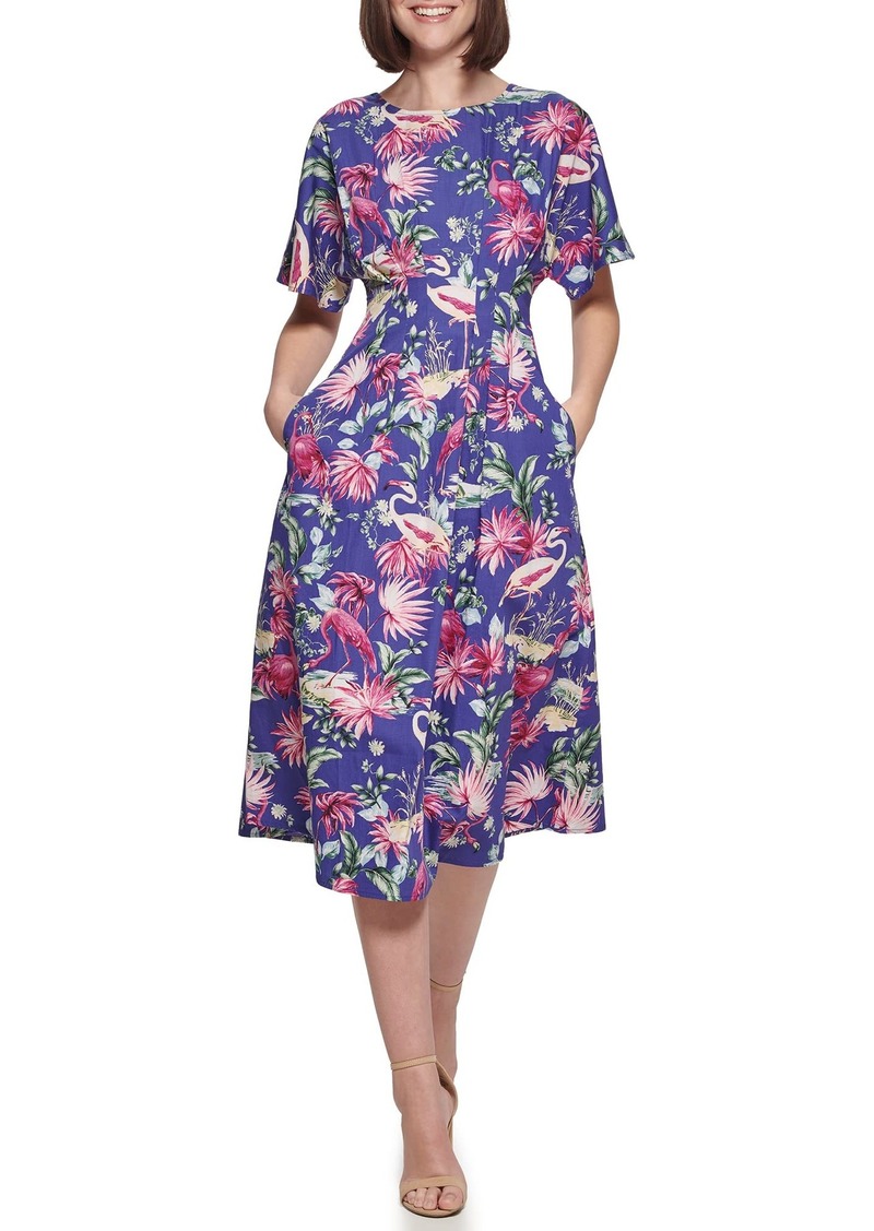 KENSIE Women's Flamingo Printed Midi Contemporary Dress
