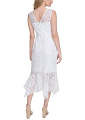 kensie Women's Floral Lace Handkerchief-Hem Midi Dress - Ivory Silver