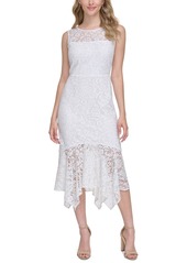 kensie Women's Floral Lace Handkerchief-Hem Midi Dress - Ivory Silver