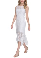 kensie Women's Floral Lace Handkerchief-Hem Midi Dress - Ivory Silver