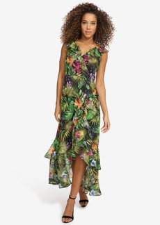 kensie Women's Floral-Print Chiffon Ruffled Maxi Dress - Black Multi