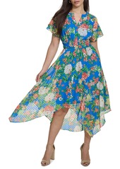 kensie Women's Floral-Print Clip-Dot Midi Dress - Cobalt Multi