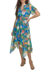 kensie Women's Floral-Print Clip-Dot Midi Dress - Cobalt Multi