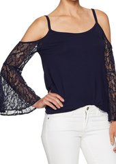 kensie Women's French Terry Cold Shoulder Sweatshirt with Lace Sleeves  XS