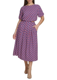 kensie Women's Geo-Print Puff-Sleeve Midi 2-Pc. Dress - Geomtrc Co