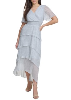 kensie Women's Metallic Crinkle Tiered Maxi Dress - Silver