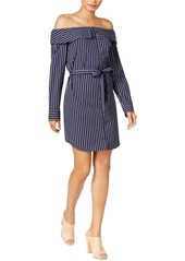 kensie Women's Oxford Shirting Stripe Off Shoulder Dress  XL