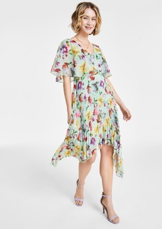 kensie Women's Pleated V-Neck Floral-Print Chiffon Dress - Sage Floral
