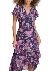 kensie Women's Printed Flutter-Sleeve Midi Dress - Navy Multi