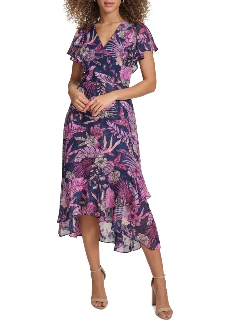 kensie Women's Printed Flutter-Sleeve Midi Dress - Navy Multi