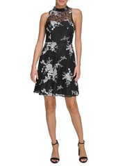 kensie Women's Printed Sleeveless Fit & Flare Lace Dress - Blck Multi