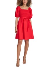 kensie Women's Puff-Sleeve Smocked A-Line Dress - Red